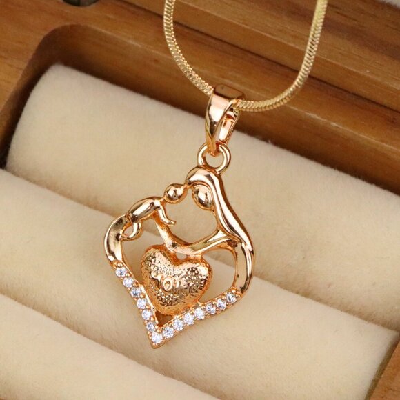 "Rose Gold Mom and Child Heart Pendant with Crystals Gift for Mom, XPPT1486 - Picture 1 of 12